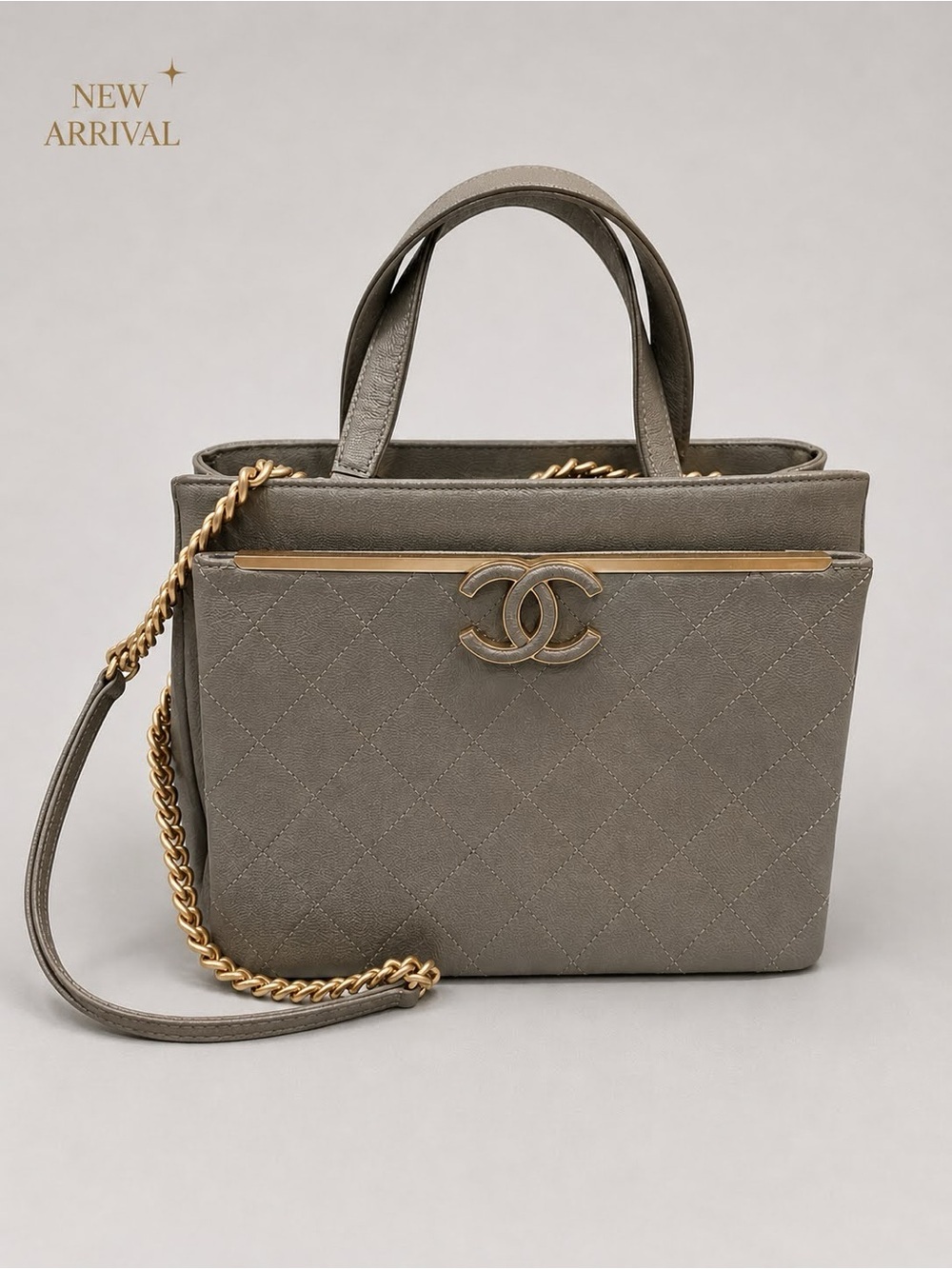 👜Women’s Top Handle Bag – Gray Quilted Caviar Leather with Gold  Hardware 👜